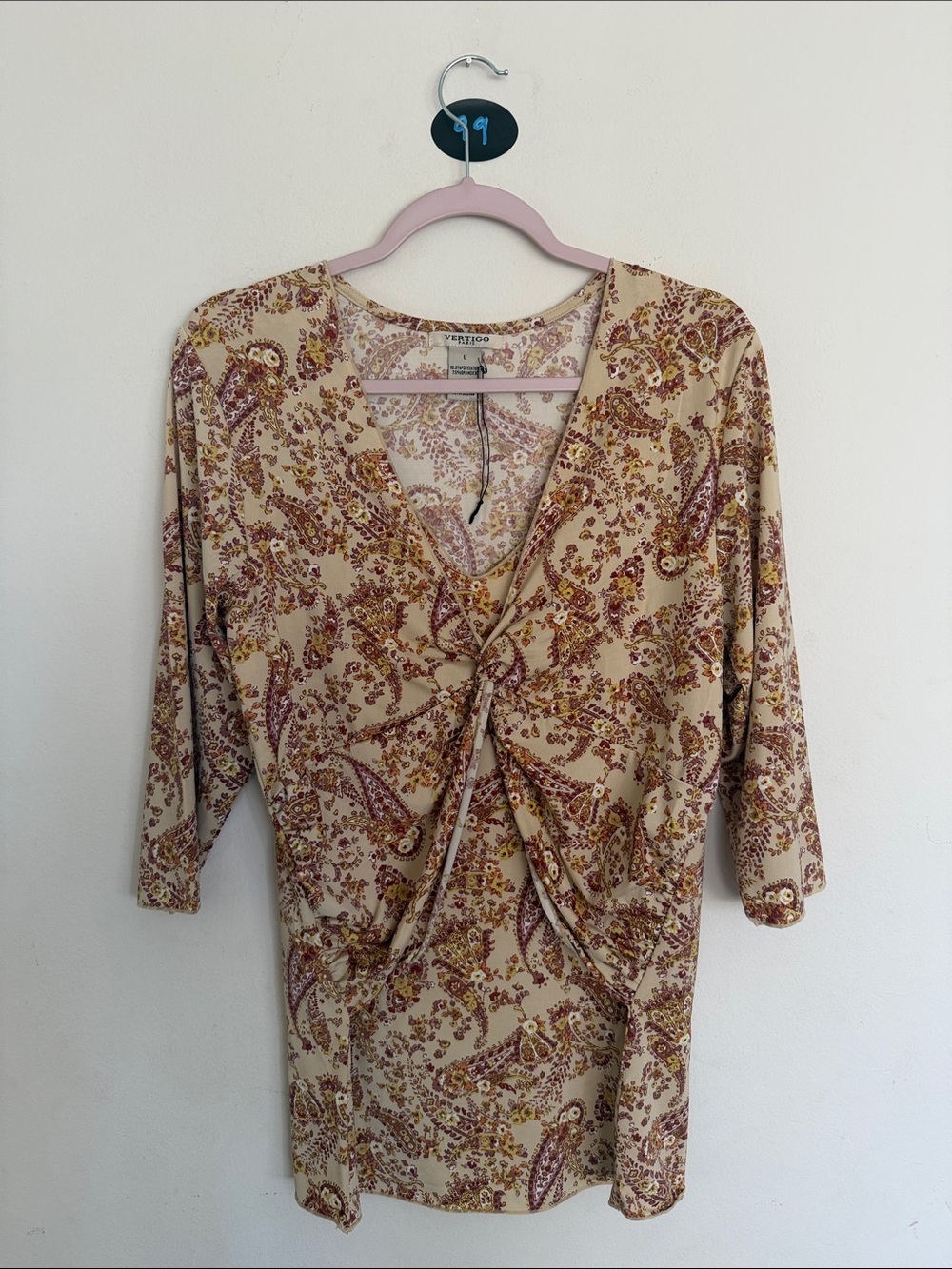 Vertigo Paris Beige Paisley Twist-Front Tunic with Maroon & Mustard Accents